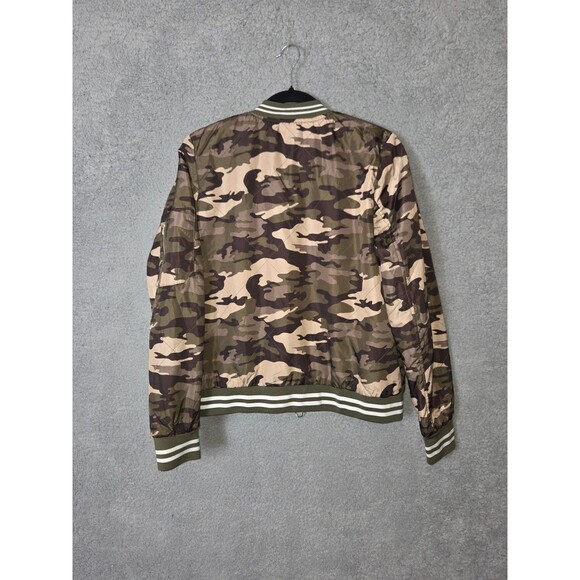 Y2K Rue 21 Womens Camo Bomber Varsity Jacket Large Army Green Black Tan Grunge - Picture 9 of 10